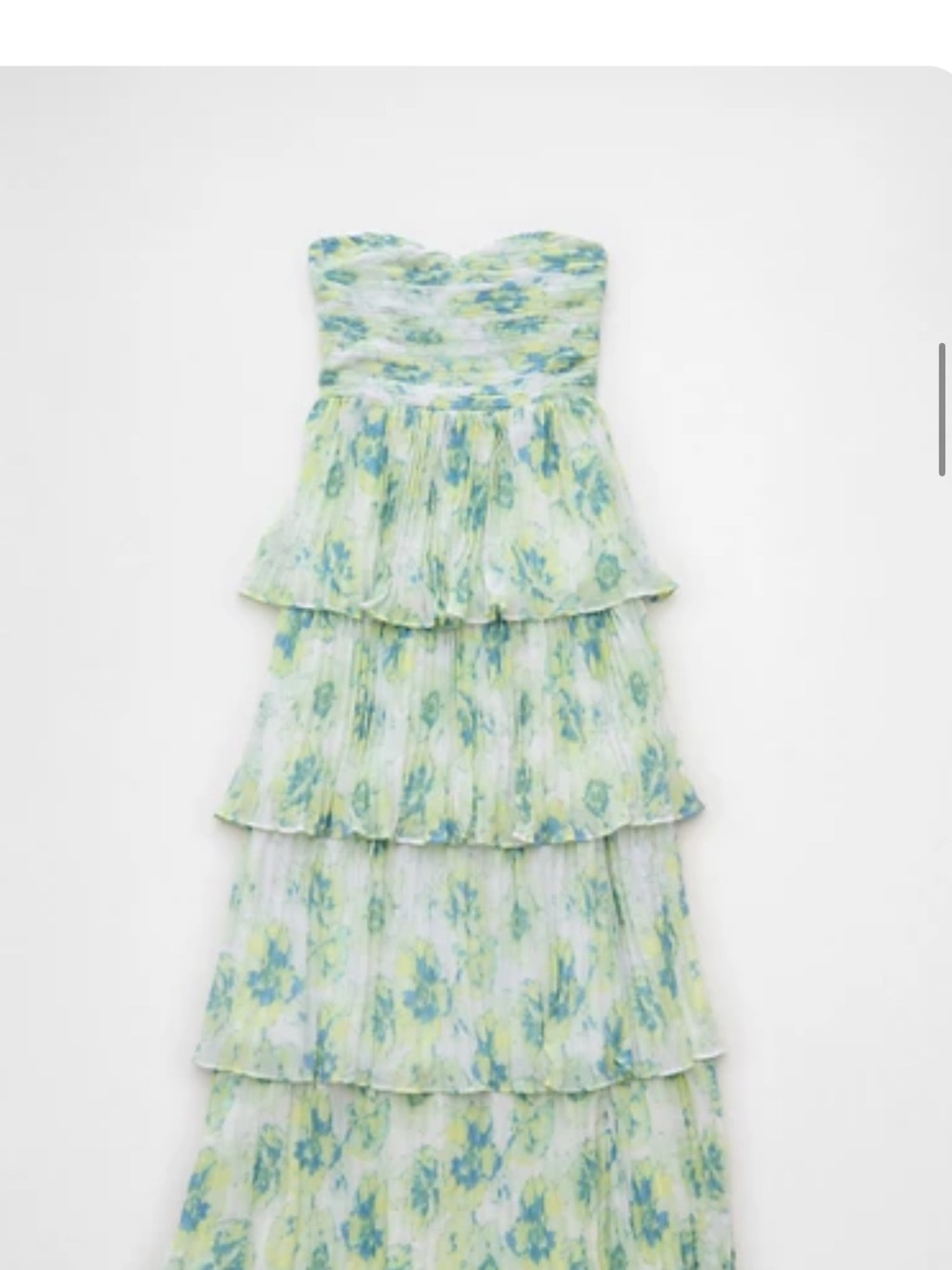 Strapless Tiered Floral Dress in Light Green and Blue
